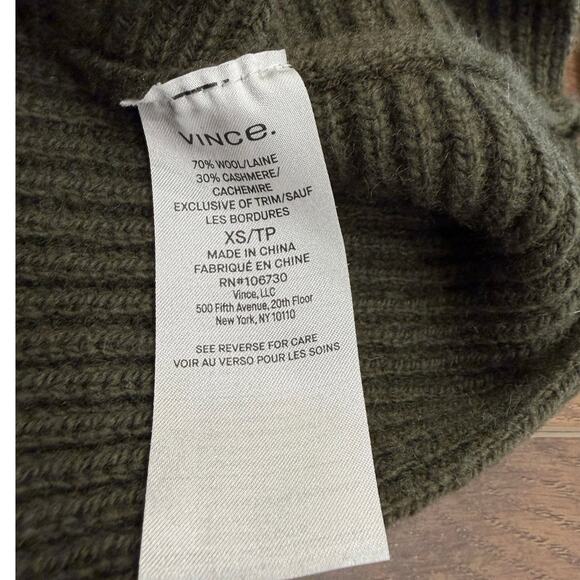 Vince Belted Ribbed Wool Cashmere Turtleneck Sweater in Army Green size XS - Picture 6 of 8